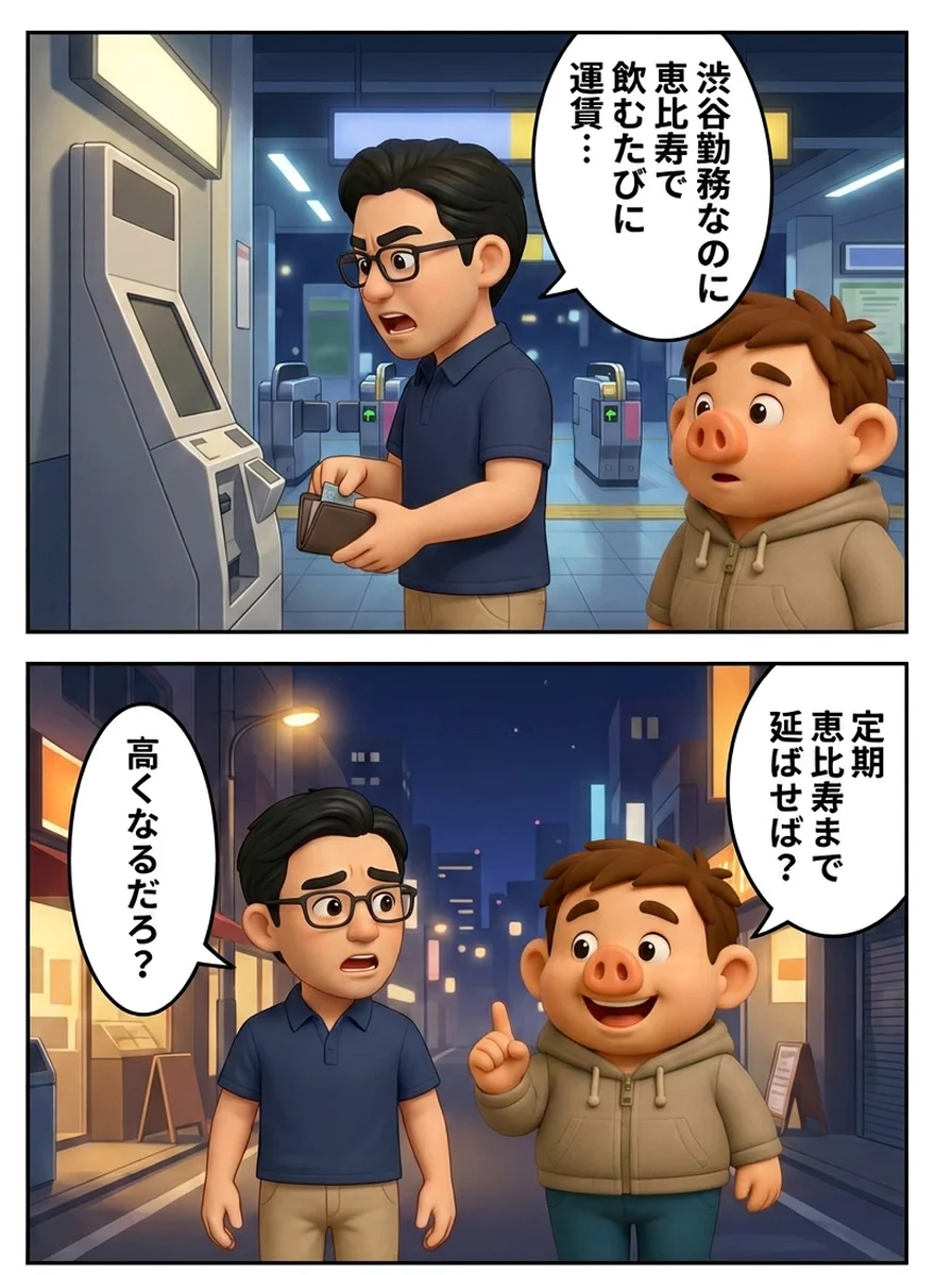 定期券記事の導入漫画の1ページ目。渋谷勤務の友人が恵比寿で飲むたびに運賃を払っていると精算機の前でぼやき、豚男が定期を恵比寿まで延ばせばと提案。友人は高くなるだろと返す