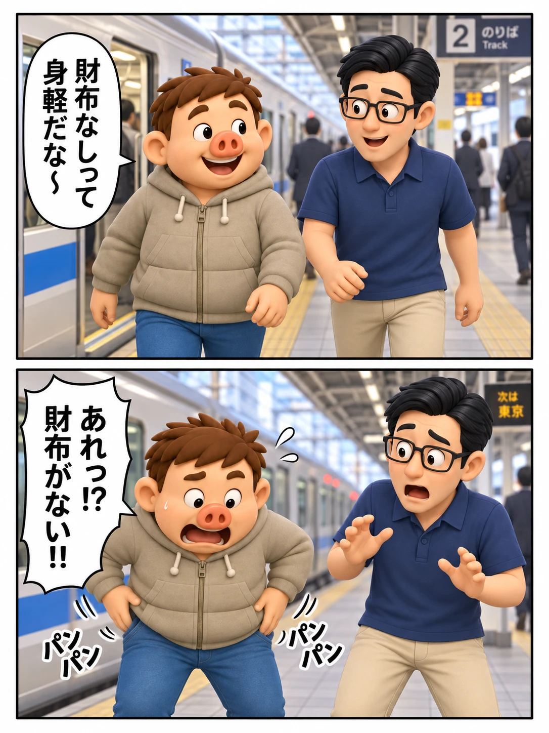 財布なしで身軽に外出した豚男が、駅で財布がないと慌てる漫画