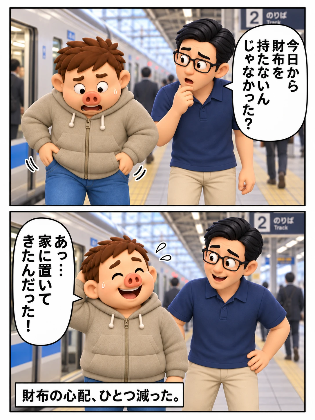 財布を家に置いてきたことを思い出し、安心する豚男の漫画