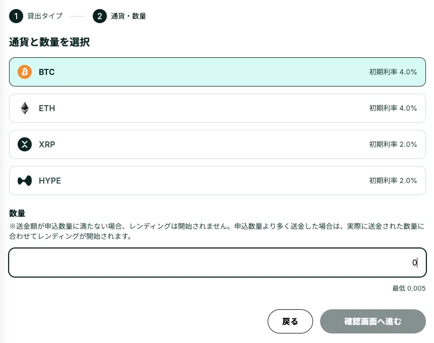 通貨と数量の選択画面。BTC(初期利率4.0%)、ETH(4.0%)、XRP(2.0%)、HYPE(2.0%)から選び、数量を入力する。BTCは最低0.005