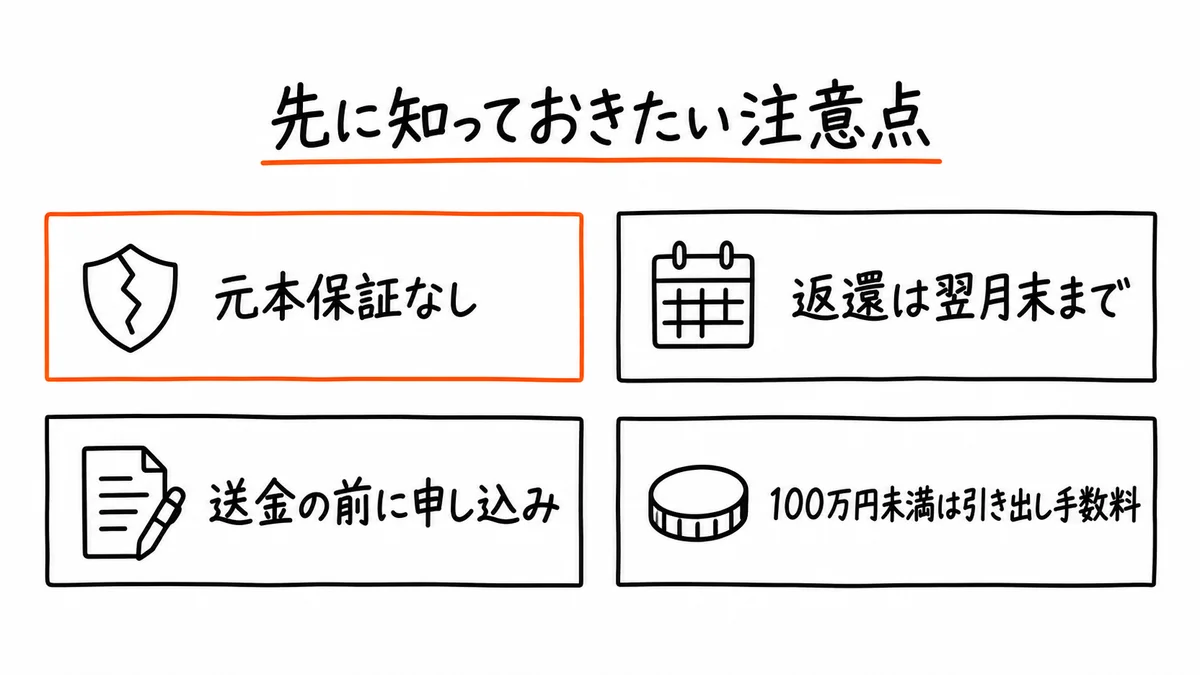 先に知っておきたい4つの注意点。元本保証なし、返還は翌月末まで、送金の前に申し込み、100万円未満は引き出し手数料