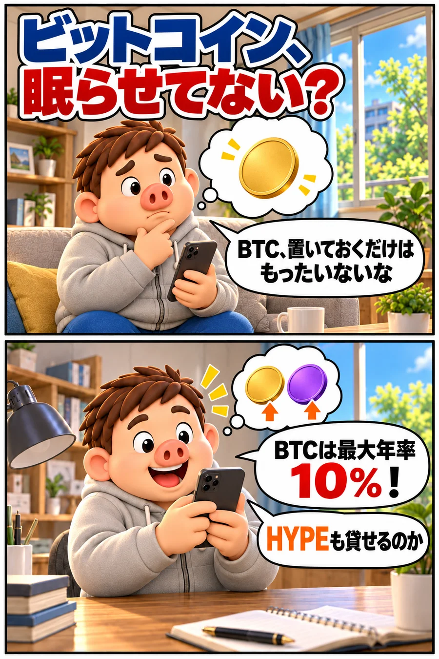 漫画1枚目。題名「ビットコイン、眠らせてない?」。上のコマ:リビングのソファでスマホを見てコインを思い浮かべる豚男「BTC、置いておくだけはもったいないな」。下のコマ:昼、自宅のデスクでスマホを見て喜ぶ豚男「BTCは最大年率10%!」「HYPEも貸せるのか」