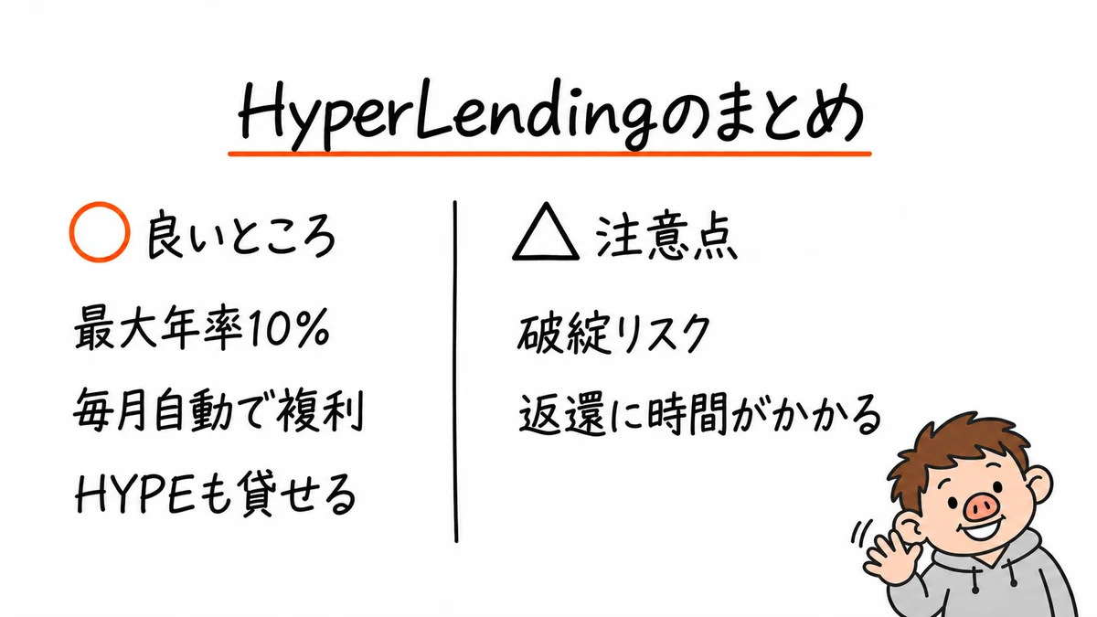 HyperLendingのまとめ。良いところは最大年率10%、毎月自動で複利、HYPEも貸せる。注意点は破綻リスク、返還に時間がかかる