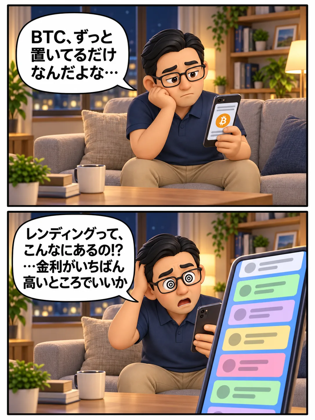 BTCを置いたままの友人が、レンディングの多さに迷う漫画