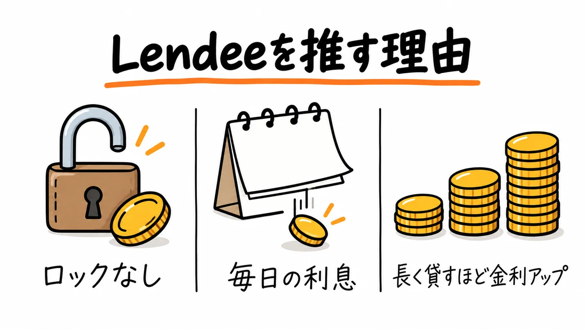 Lendeeを推す理由は、ロックなし・毎日の利息・長く貸すほど金利アップの3つ