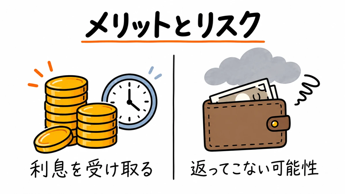 レンディングのメリットは利息を受け取れること、リスクは貸した資産が返ってこない可能性があること