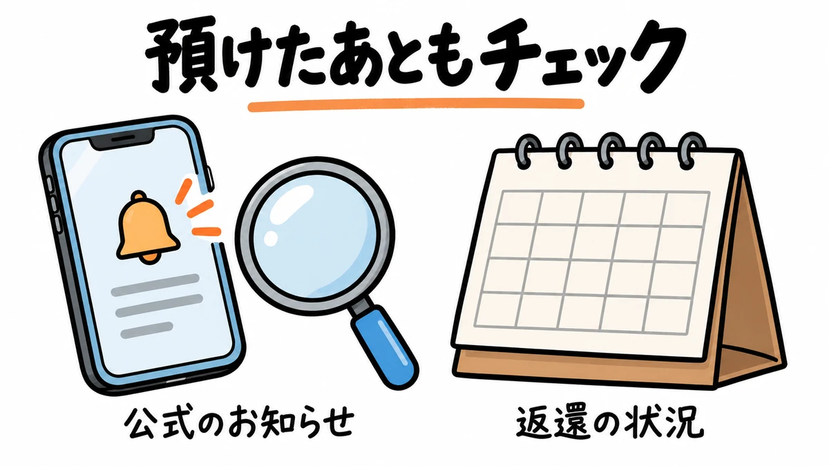 レンディング開始後も公式のお知らせと返還状況を確認するイメージ
