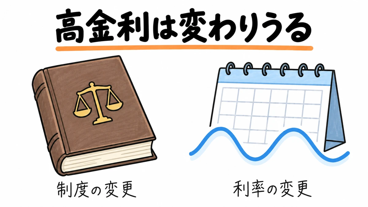 制度と利率が変わりうることを示す法律の本とカレンダー