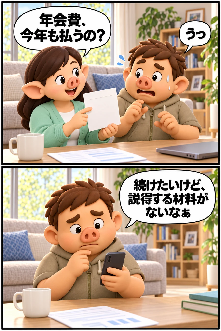 年会費を今年も払うのかと妻に聞かれ、続けたいが説得する材料がないと悩むハラペー