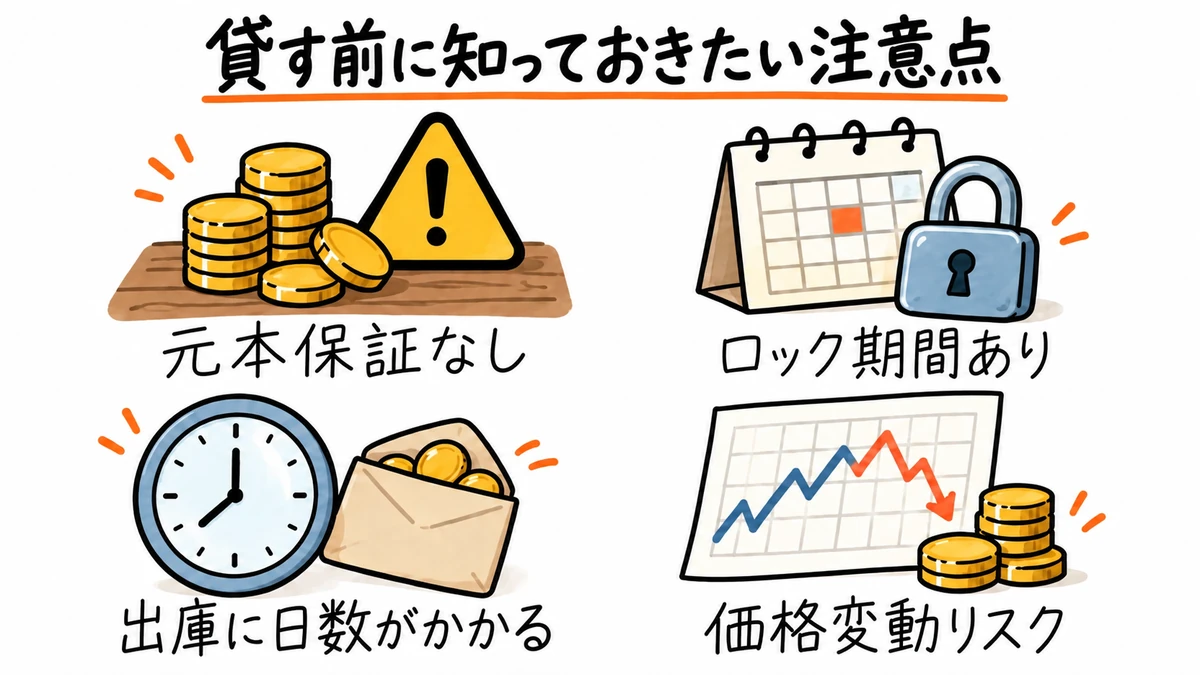 PBR LENDINGの主な注意点。元本保証がないこと、ロック期間、出庫にかかる日数、暗号資産の価格変動リスク。